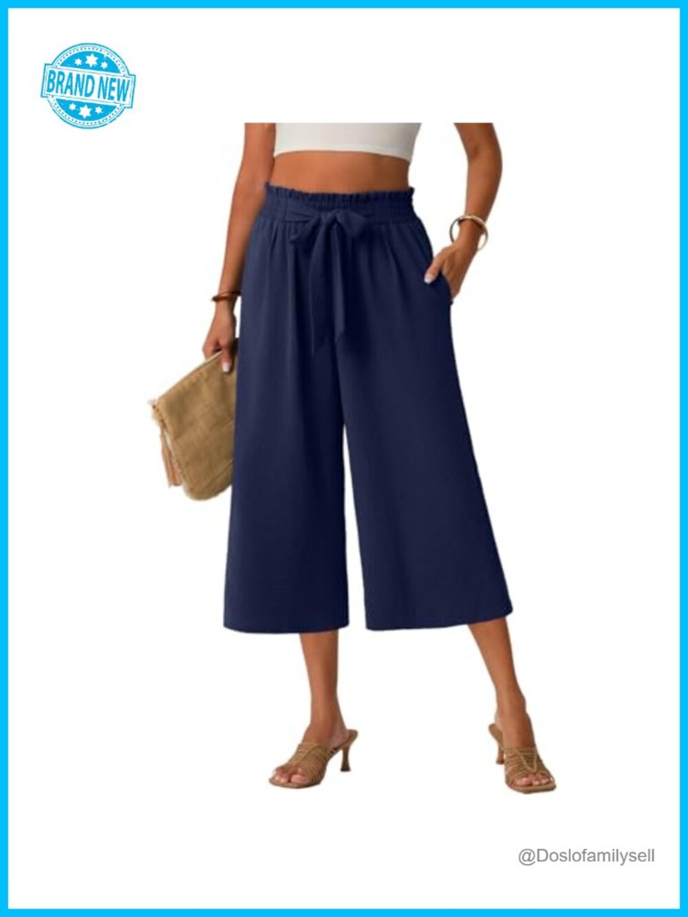 Women Wide Leg Capri Pants High Waisted Casual 100% Polyester Pockets